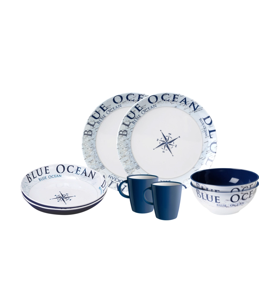 SET 8 STOVIGLIE DA CAMPEGGIO BRUNNER "BLUE OCEAN" IN MELAMINA ANTISCIVOLO