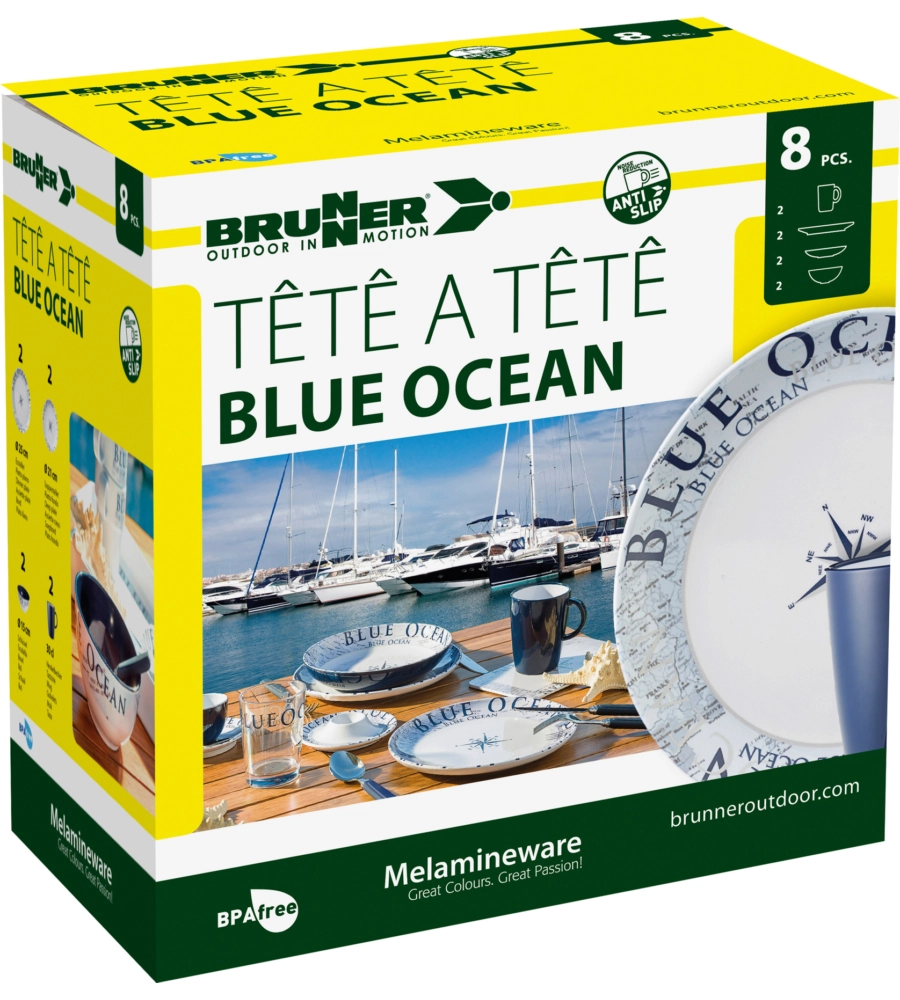 SET 8 STOVIGLIE DA CAMPEGGIO BRUNNER "BLUE OCEAN" IN MELAMINA ANTISCIVOLO