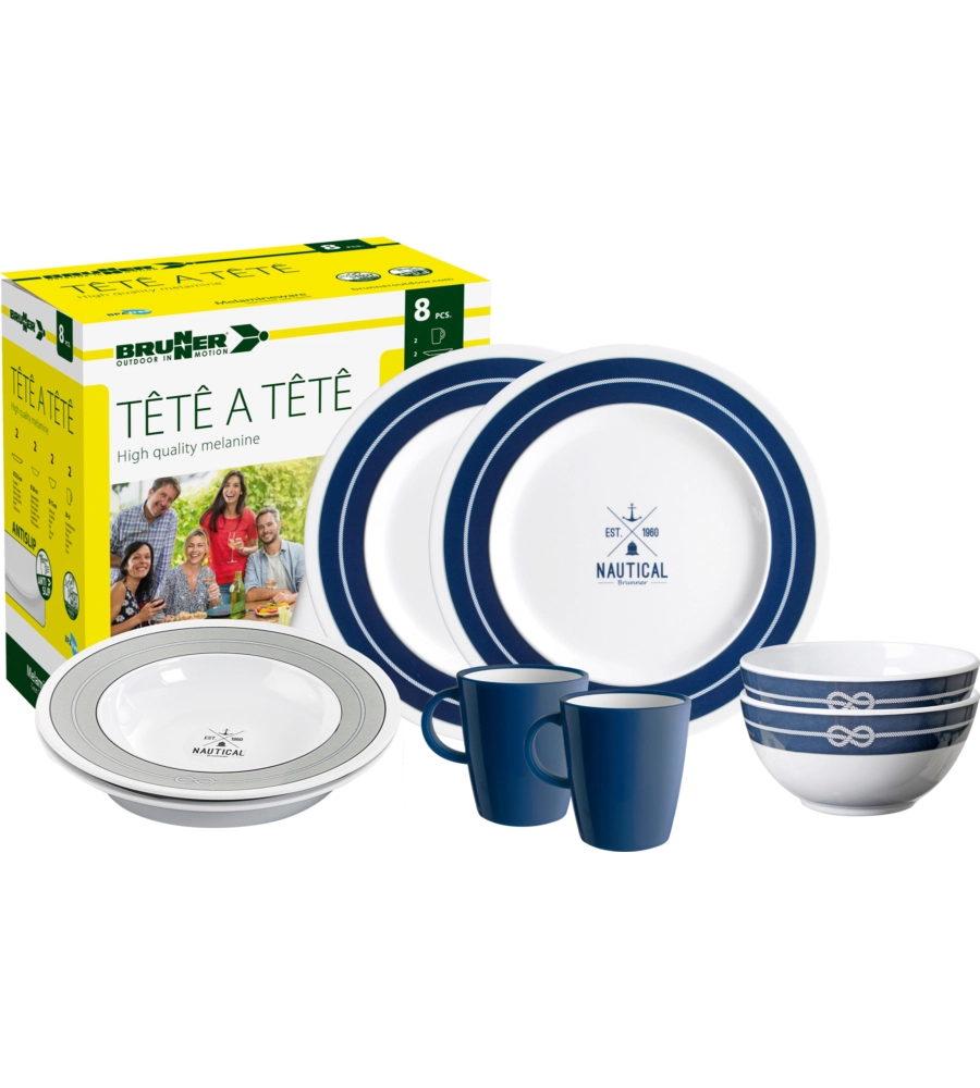 SET 8 STOVIGLIE DA CAMPEGGIO BRUNNER "NAUTICAL" IN MELAMINA ANTISCIVOLO