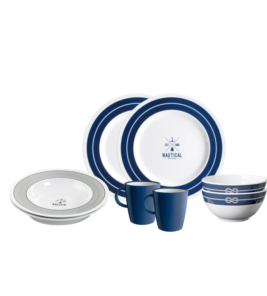 SET 8 STOVIGLIE DA CAMPEGGIO BRUNNER "NAUTICAL" IN MELAMINA ANTISCIVOLO