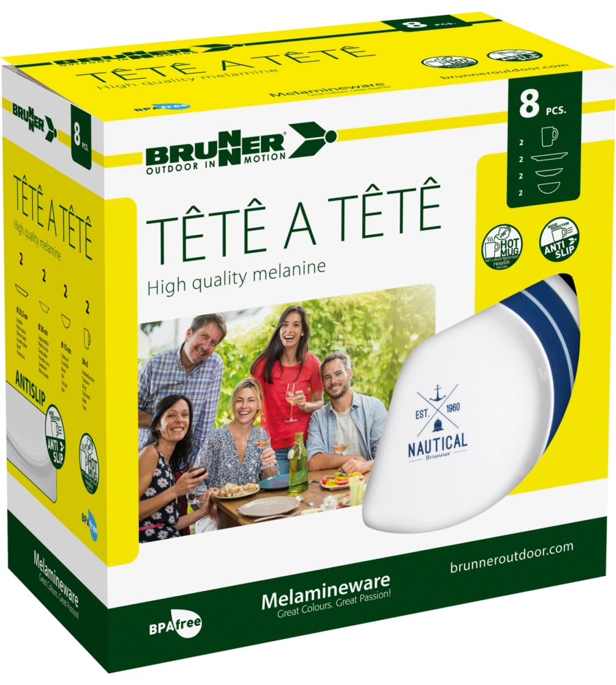 SET 8 STOVIGLIE DA CAMPEGGIO BRUNNER "NAUTICAL" IN MELAMINA ANTISCIVOLO