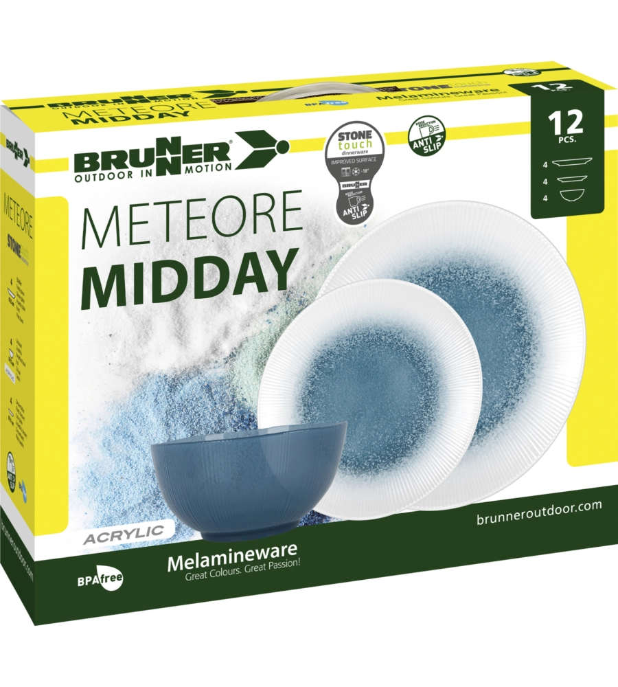 SET 12 STOVIGLIE DA CAMPEGGIO BRUNNER "METEORE AZUR" IN STONE TOUCH ANTISCIVOLO
