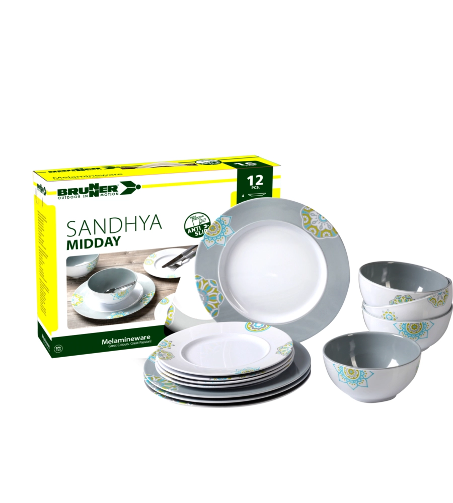 SET 12 STOVIGLIE DA CAMPEGGIO BRUNNER "SANDHYA" IN MELAMINA ANTISCIVOLO