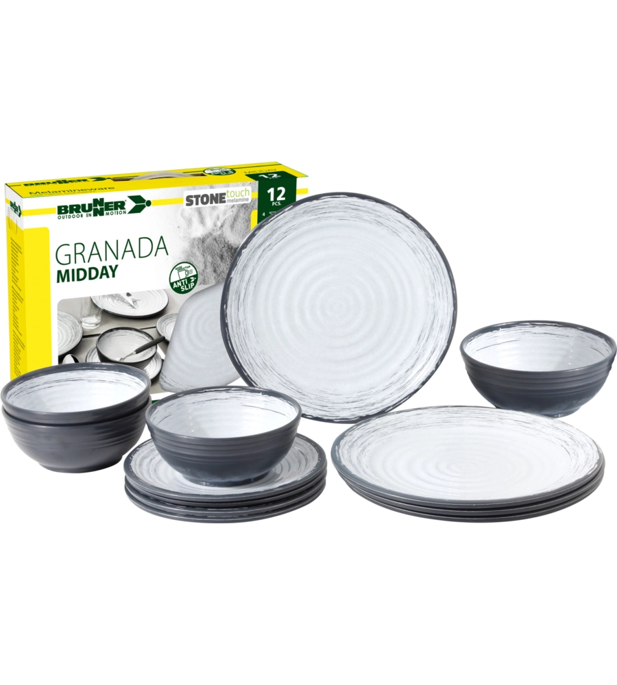 SET 12 STOVIGLIE DA CAMPEGGIO BRUNNER "GRANADA" IN STONE TOUCH ANTISCIVOLO