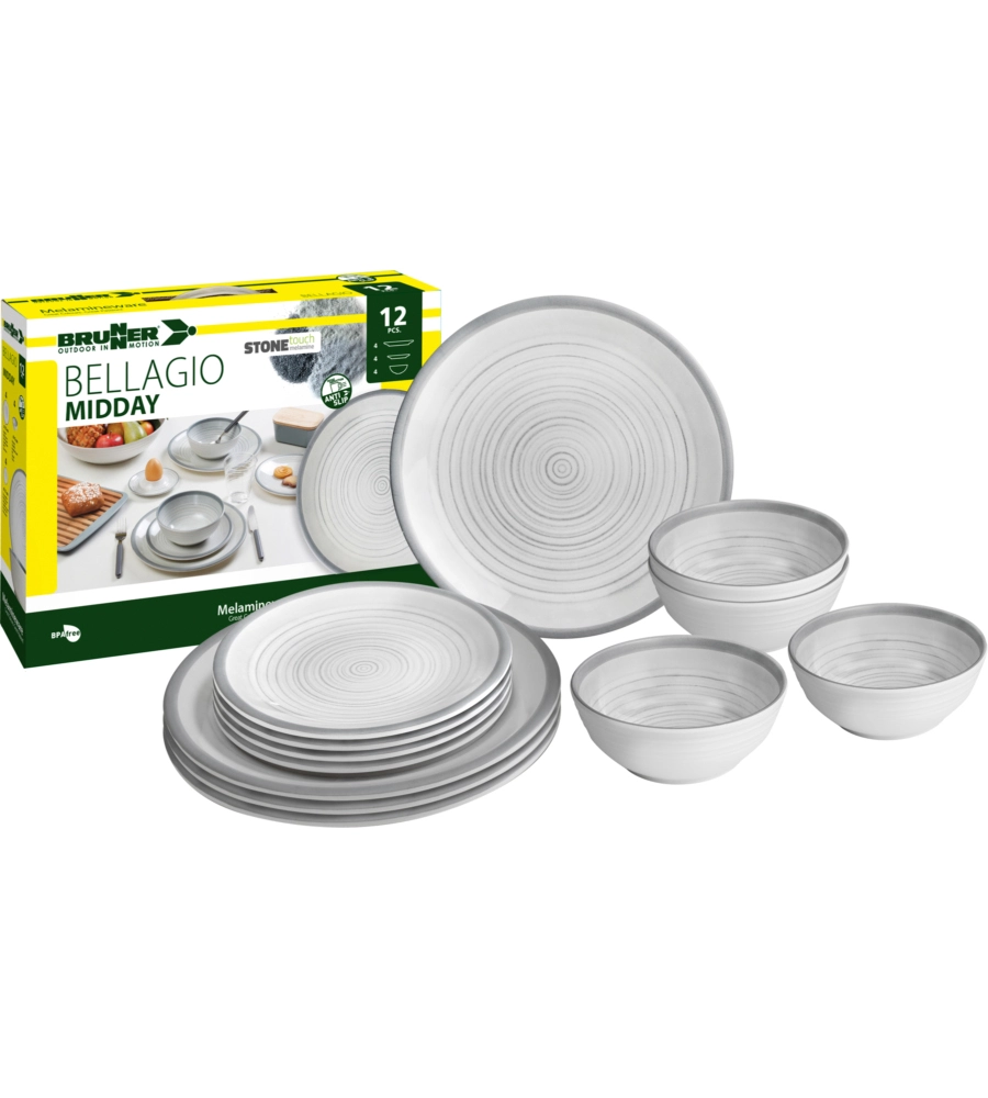 SET 12 STOVIGLIE DA CAMPEGGIO BRUNNER "BELLAGIO" IN STONE TOUCH ANTISCIVOLO