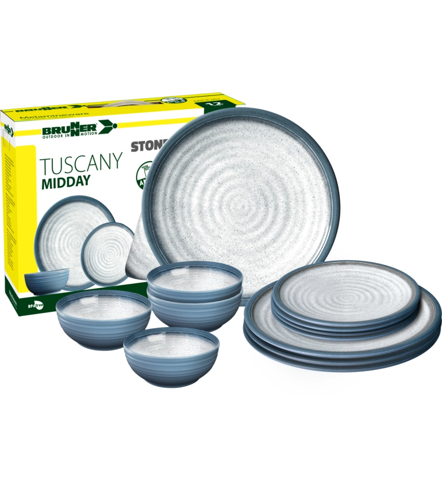 SET 12 STOVIGLIE DA CAMPEGGIO BRUNNER "TUSCANY" IN STONE TOUCH ANTISCIVOLO