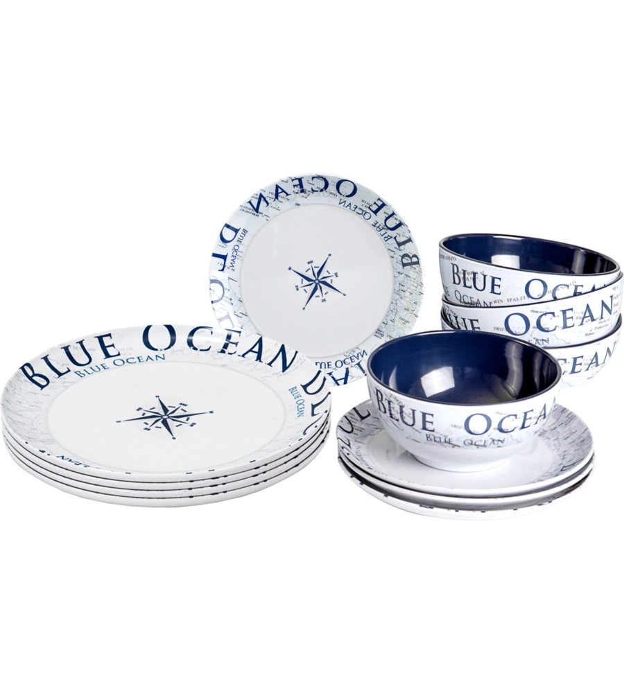 SET 12 STOVIGLIE DA CAMPEGGIO BRUNNER "BLUE OCEAN" IN MELAMINA ANTISCIVOLO