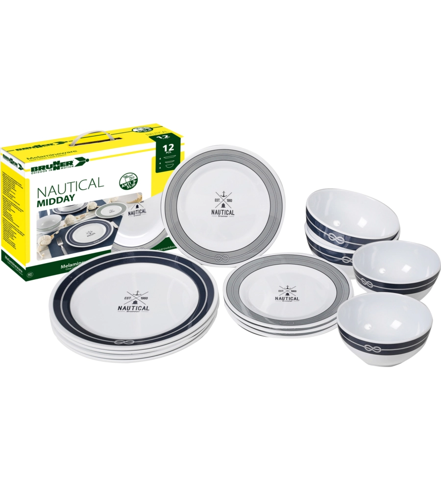 SET 12 STOVIGLIE DA CAMPEGGIO BRUNNER "NAUTICAL" IN MELAMINA ANTISCIVOLO