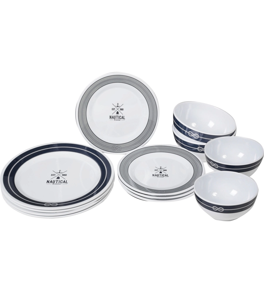 SET 12 STOVIGLIE DA CAMPEGGIO BRUNNER "NAUTICAL" IN MELAMINA ANTISCIVOLO
