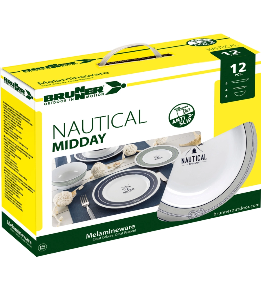 SET 12 STOVIGLIE DA CAMPEGGIO BRUNNER "NAUTICAL" IN MELAMINA ANTISCIVOLO