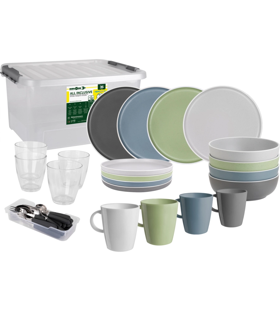 SET 36 STOVIGLIE DA CAMPEGGIO BRUNNER "DOLOMIT" IN STONE TOUCH ANTISCIVOLO