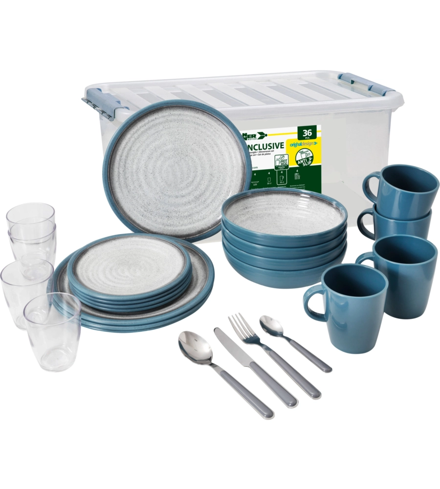 SET 36 STOVIGLIE DA CAMPEGGIO BRUNNER "TUSCANY" IN STONE TOUCH ANTISCIVOLO