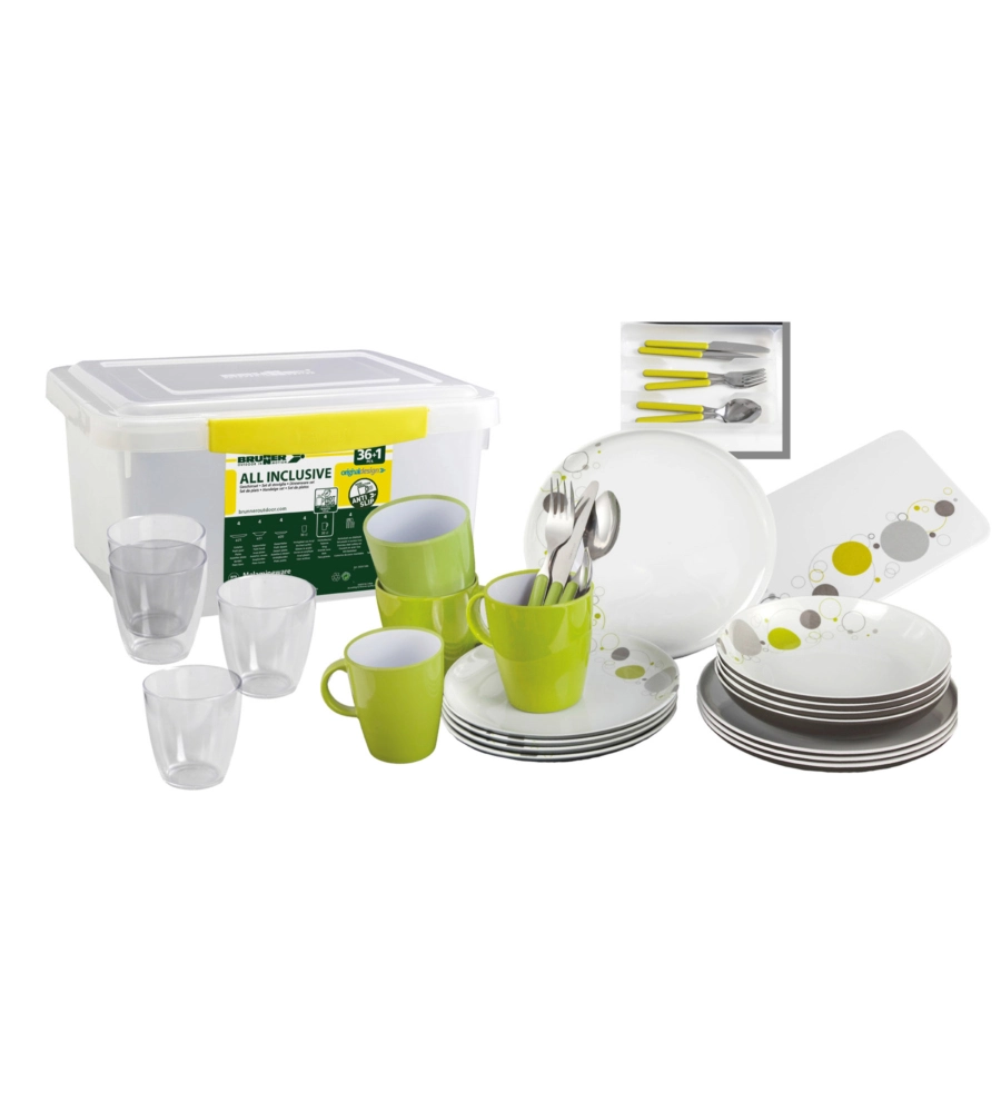 SET 36 STOVIGLIE DA CAMPEGGIO BRUNNER "SPACE" IN MELAMINA ANTISCIVOLO