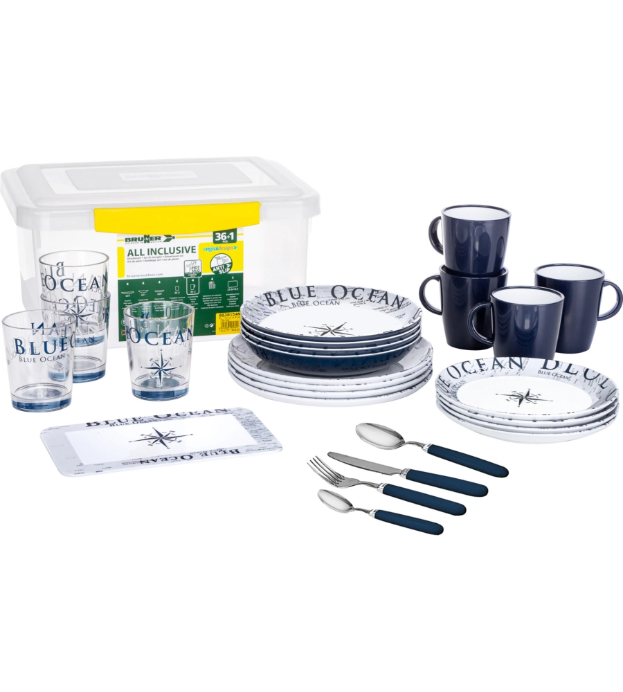 SET 36 STOVIGLIE DA CAMPEGGIO BRUNNER "BLUE OCEAN" IN MELAMINA ANTISCIVOLO