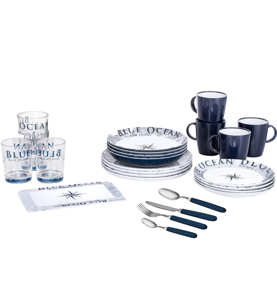 SET 36 STOVIGLIE DA CAMPEGGIO BRUNNER "BLUE OCEAN" IN MELAMINA ANTISCIVOLO