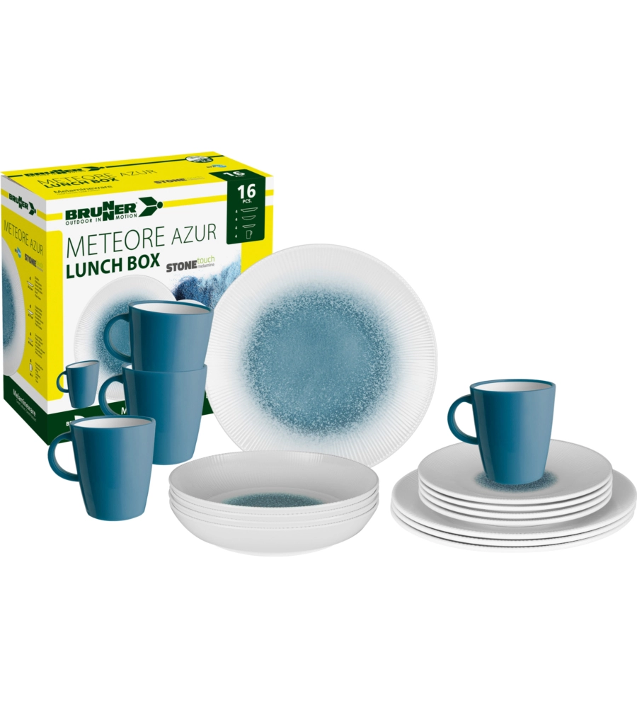 SET 16 STOVIGLIE DA CAMPEGGIO BRUNNER "METEORE AZUR" IN STONE TOUCH ANTISCIVOLO