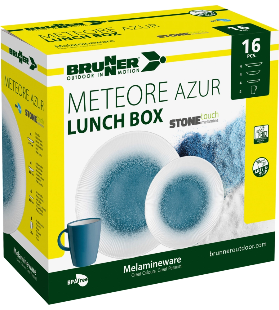 SET 16 STOVIGLIE DA CAMPEGGIO BRUNNER "METEORE AZUR" IN STONE TOUCH ANTISCIVOLO
