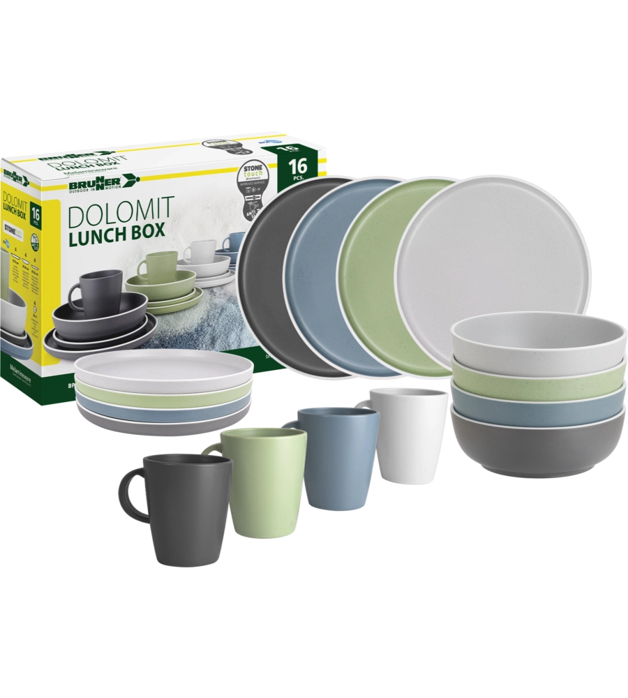 SET 16 STOVIGLIE DA CAMPEGGIO BRUNNER "DOLOMIT" IN STONE TOUCH ANTISCIVOLO