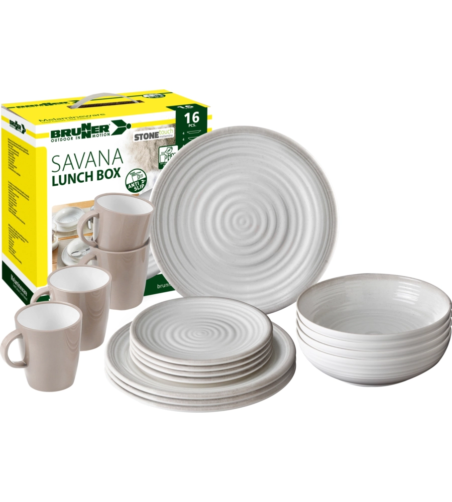 SET 16 STOVIGLIE DA CAMPEGGIO BRUNNER "SAVANA" IN STONE TOUCH ANTISCIVOLO