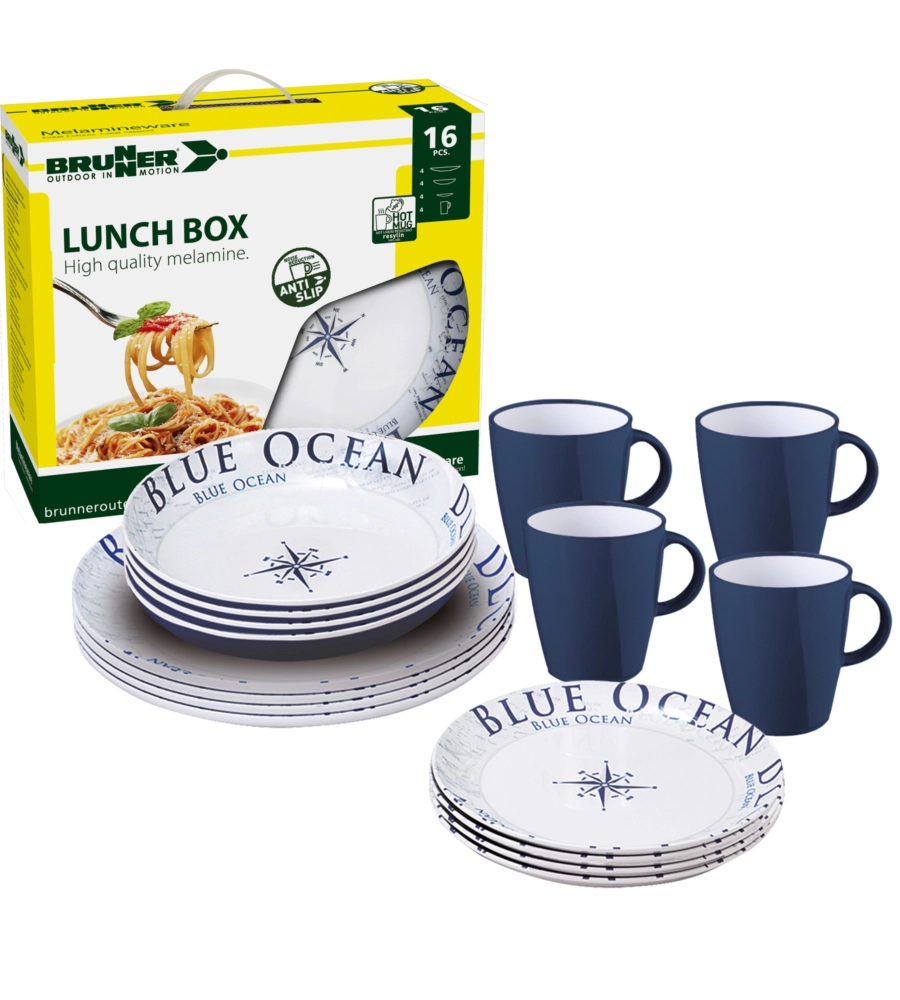 SET 16 STOVIGLIE DA CAMPEGGIO BRUNNER "BLUE OCEAN" IN MELAMINA ANTISCIVOLO