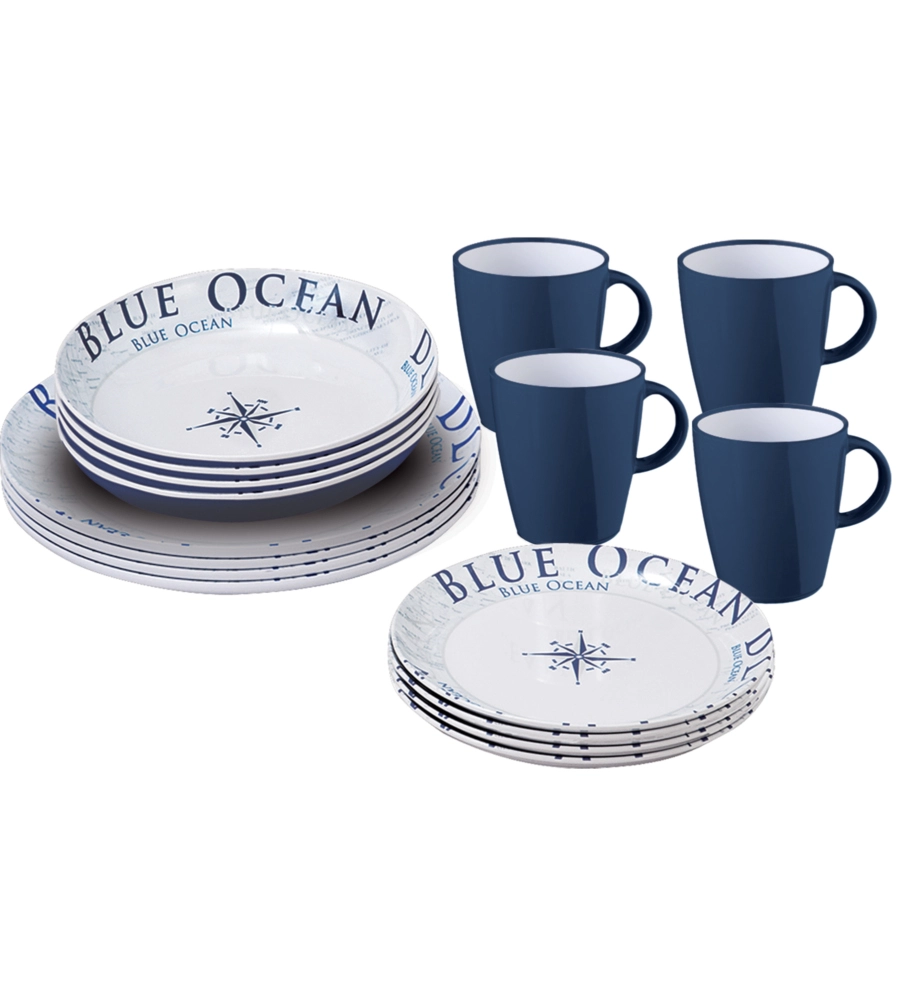 SET 16 STOVIGLIE DA CAMPEGGIO BRUNNER "BLUE OCEAN" IN MELAMINA ANTISCIVOLO