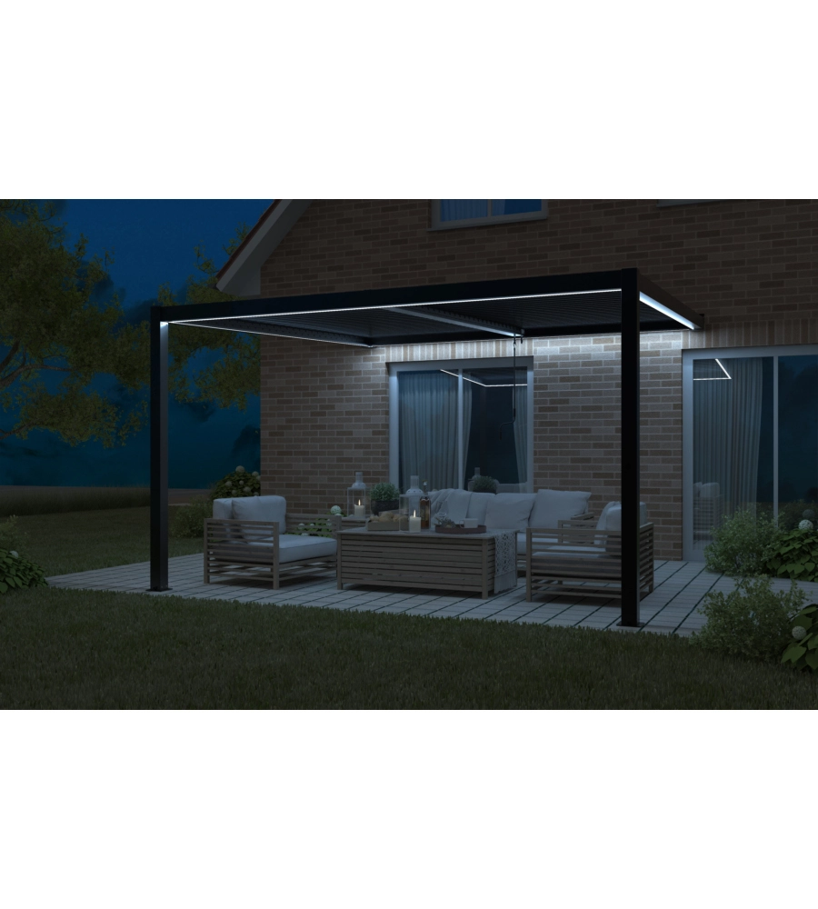 PERGOLA BIOCLIMATICA ADDOSSATA RIVIERA "CALICANTUS WALL" IN ALLUMINIO ANTRACITE CON LED 400X300X230/245 CM