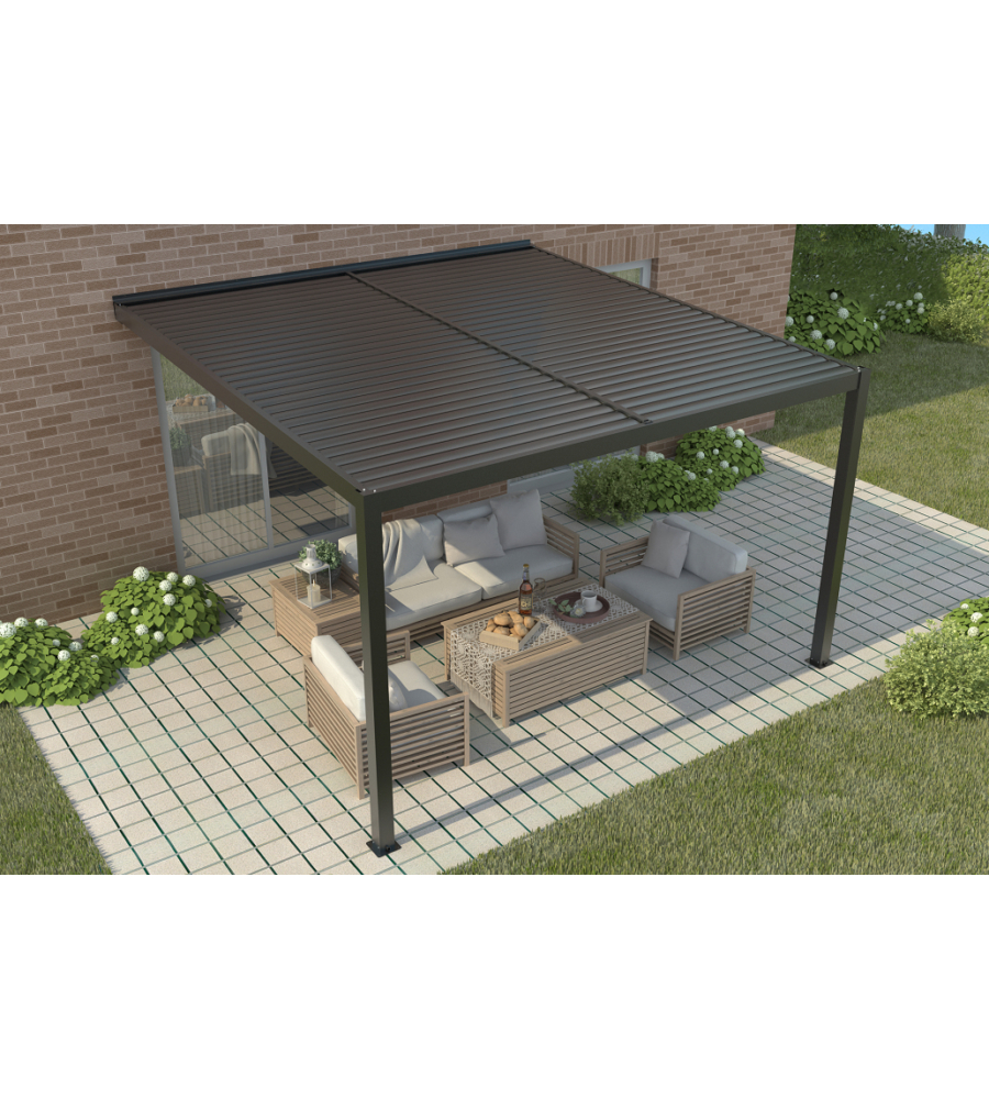 PERGOLA BIOCLIMATICA ADDOSSATA RIVIERA "CALICANTUS WALL" IN ALLUMINIO ANTRACITE CON LED 400X300X230/245 CM