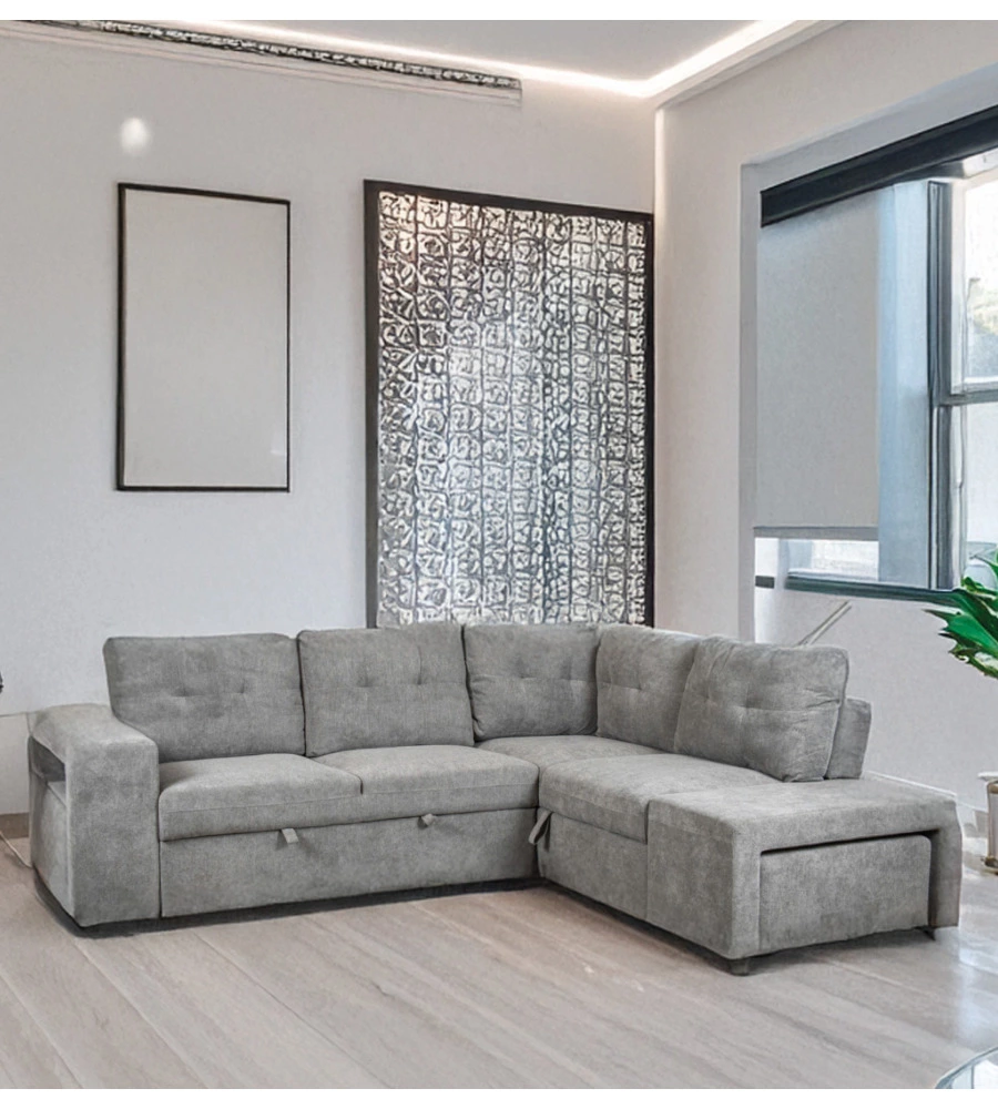 DIVANO LETTO CON PENISOLA A DESTRA BELLAHOME "GAIA" TESSUTO GRIGIO CON POUF E CONTENITORI, 254X83/194X88 CM