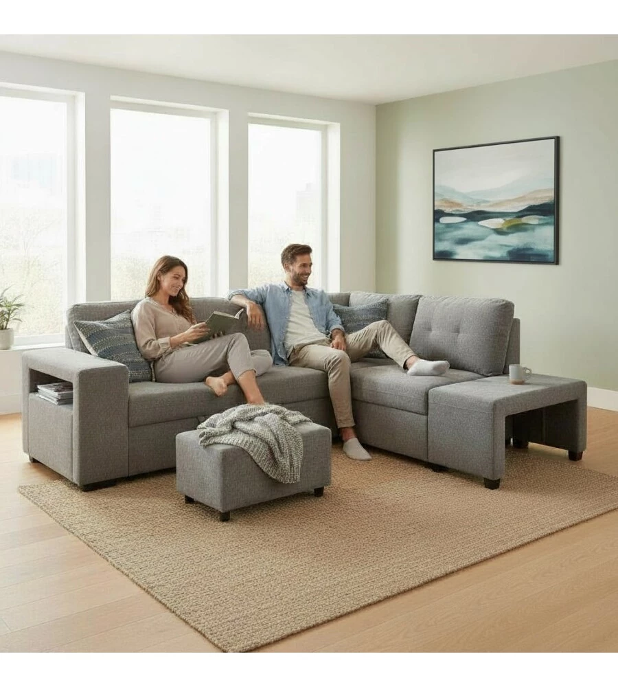 DIVANO LETTO CON PENISOLA A DESTRA BELLAHOME "GAIA" TESSUTO GRIGIO CON POUF E CONTENITORI, 254X83/194X88 CM