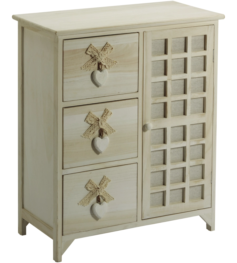 CASSETTIERA ARMONIA "WHITE WASHED" 3 CASSETTI CUORE E FIOCCHI IN LEGNO DI PAULOWNIA 62X32X73 CM