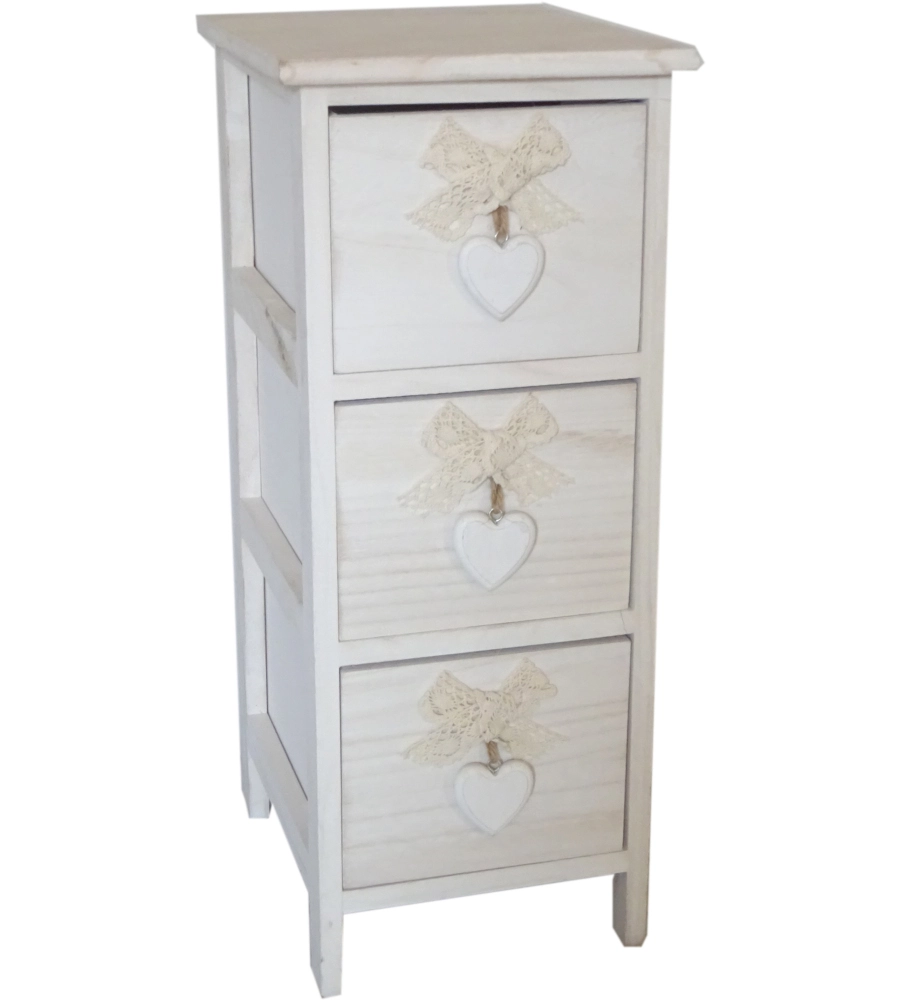 CASSETTIERA ARMONIA "WHITE WASHED" 3 CASSETTI CUORE E FIOCCHI IN LEGNO DI PAULOWNIA 26X32X63 CM