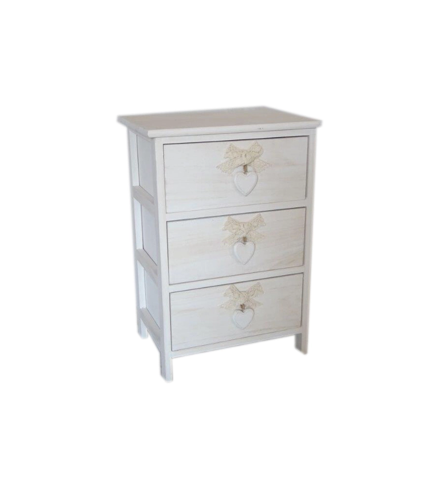 CASSETTIERA ARMONIA "WHITE WASHED" 3 CASSETTI CUORE E FIOCCHI IN LEGNO DI PAULOWNIA 40X29X58 CM