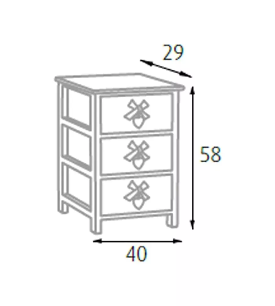CASSETTIERA ARMONIA "WHITE WASHED" 3 CASSETTI CUORE E FIOCCHI IN LEGNO DI PAULOWNIA 40X29X58 CM