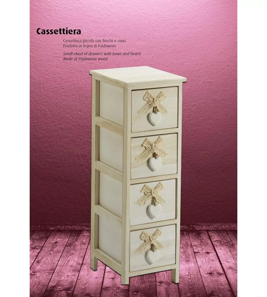 CASSETTIERA ARMONIA "WHITE WASHED" 4 CASSETTI CUORE E FIOCCHI IN LEGNO DI PAULOWNIA 26X32X63 CM