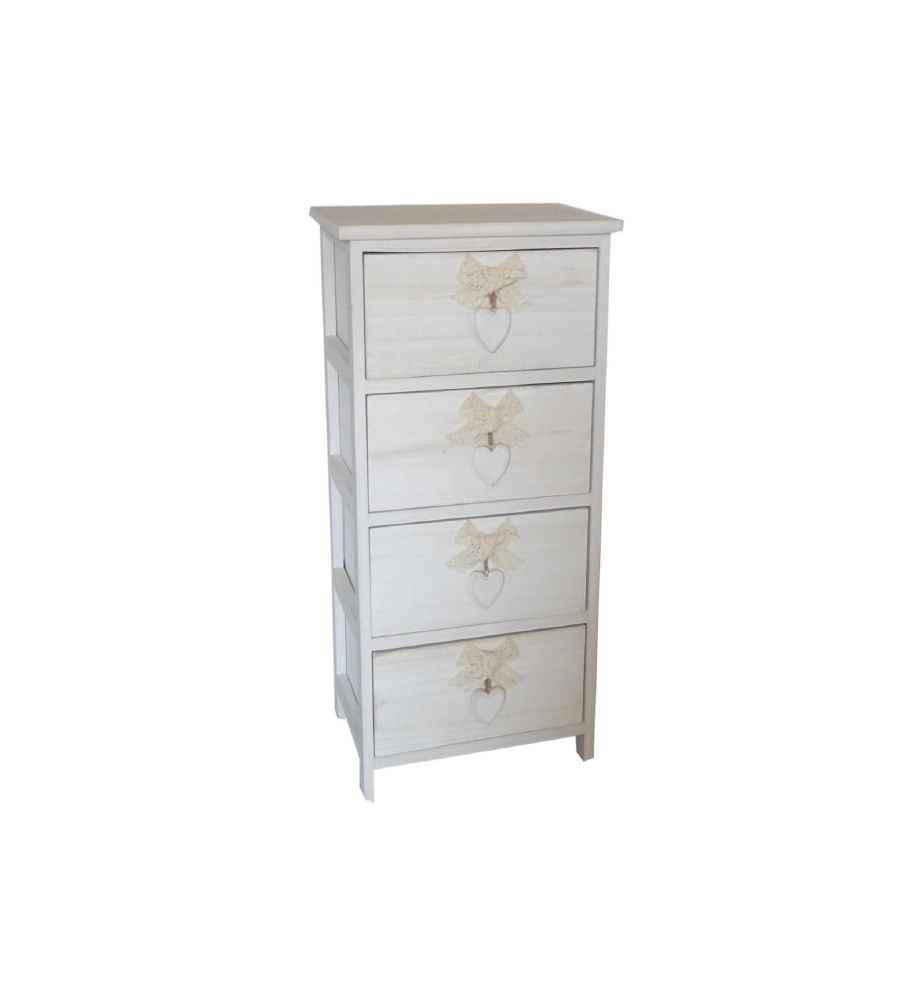 CASSETTIERA ARMONIA "WHITE WASHED" 4 CASSETTI CUORE E FIOCCHI IN LEGNO DI PAULOWNIA 26X32X63 CM