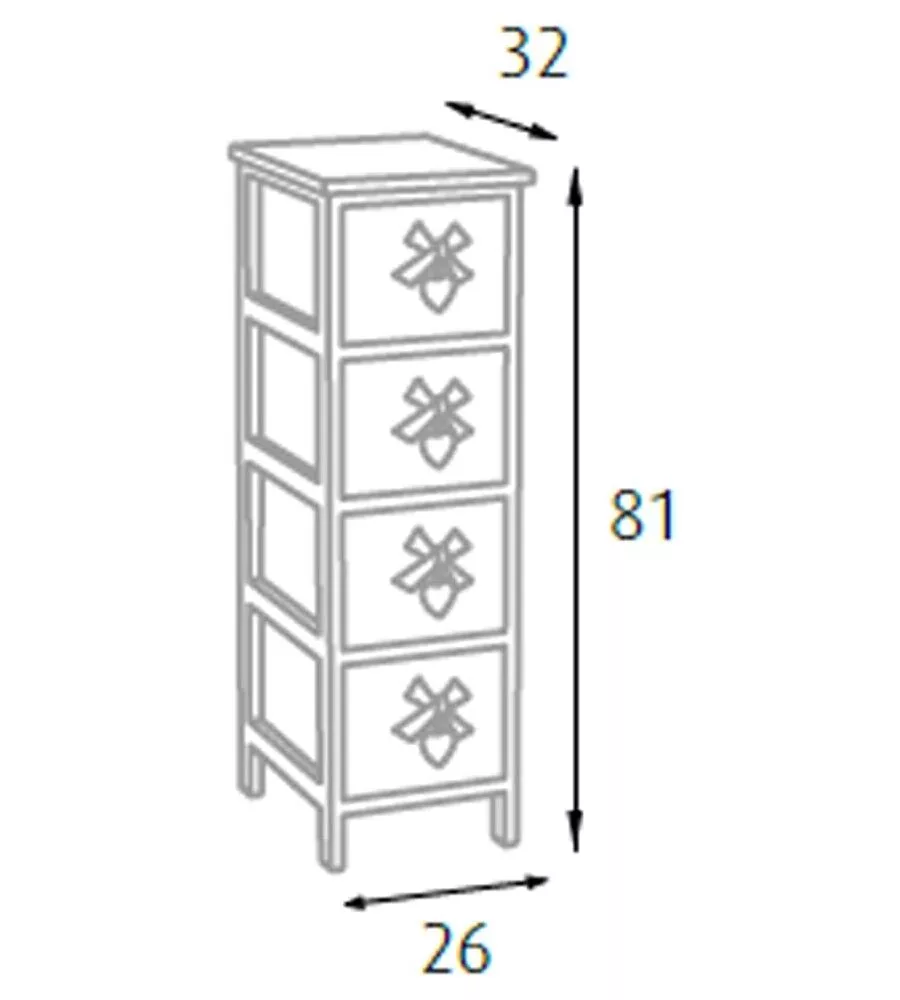 CASSETTIERA ARMONIA "WHITE WASHED" 4 CASSETTI CUORE E FIOCCHI IN LEGNO DI PAULOWNIA 26X32X63 CM