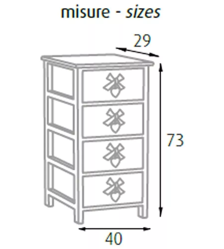 CASSETTIERA ARMONIA "WHITE WASHED" 4 CASSETTI CUORE E FIOCCHI IN LEGNO DI PAULOWNIA 40X29X73 CM