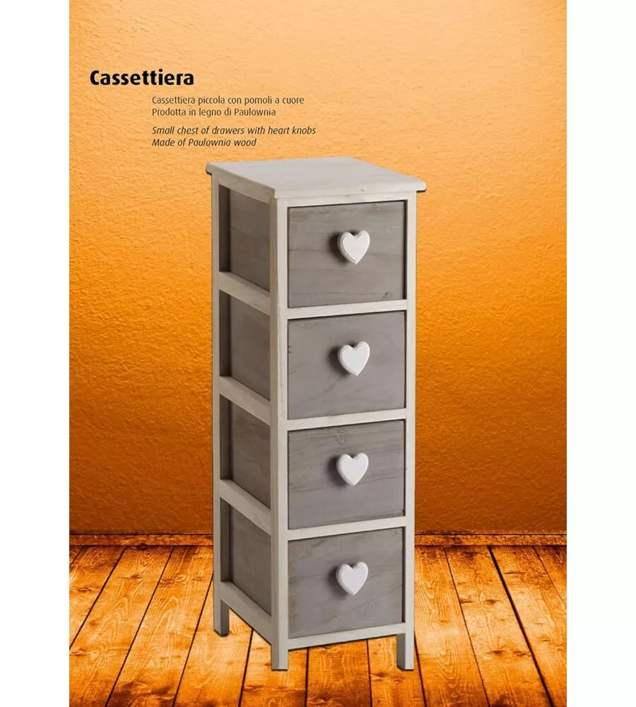 CASSETTIERA 4 CASSETTI IN LEGNO DI PAULOWNIA BIANCA E GRIGIA ARMONIA 26X32X81 CM