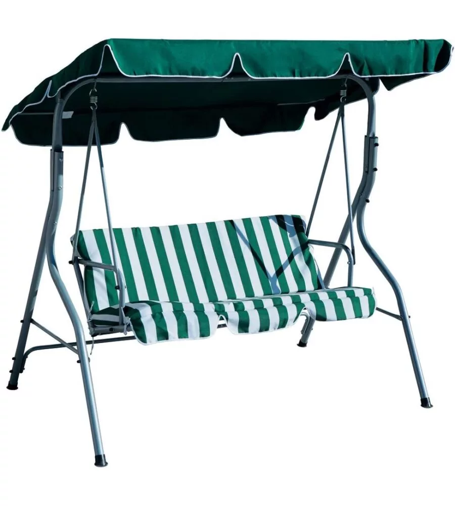 DONDOLO DA ESTERNO A 3 POSTI ESSENZA IN ACCIAIO E POLIESTERE FANTASIA RIGHE VERDI 170X113X156 CM