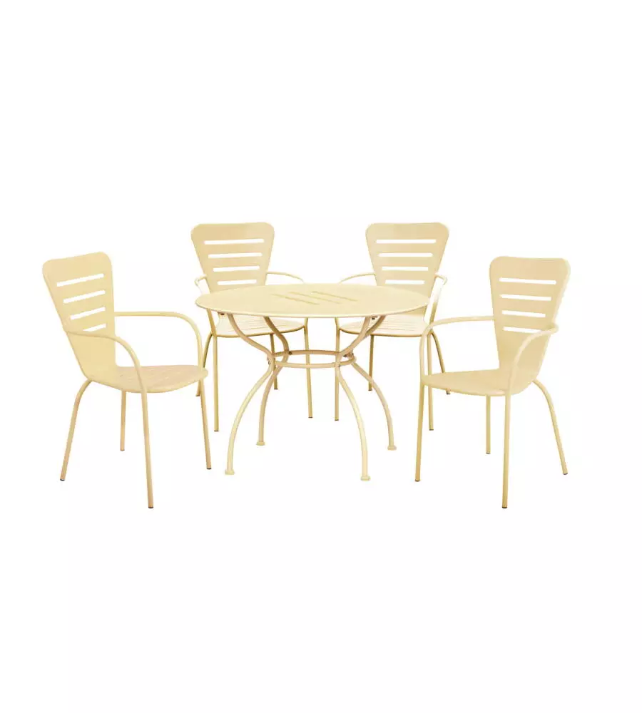 SET DA ESTERNO ESSENZA "GINEVRA BIG" CON 4 SEDIE E 1 TAVOLO IN ACCIAIO COLOR CREMA