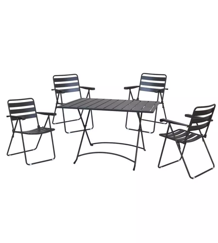 SET DA ESTERNO ESSENZA "MERY" PIEGHEVOLE CON 1 TAVOLO E 4 SEDIE IN ACCIAIO COLORE ANTRACITE