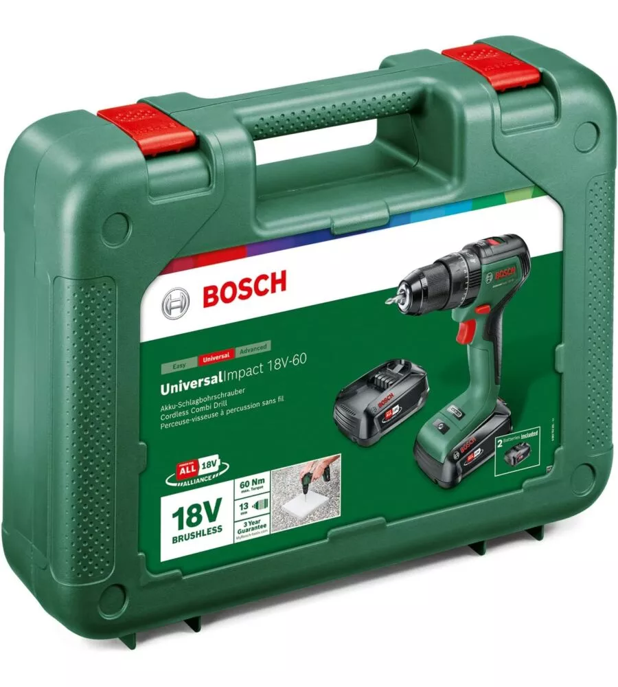 KIT VALIGETTA TRAPANO A PERCUSSIONE A BATTERIA BOSCH "UNIVERSAL IMPACT" CARICABATTERIE E 2 BATTERIE 18V 2AH