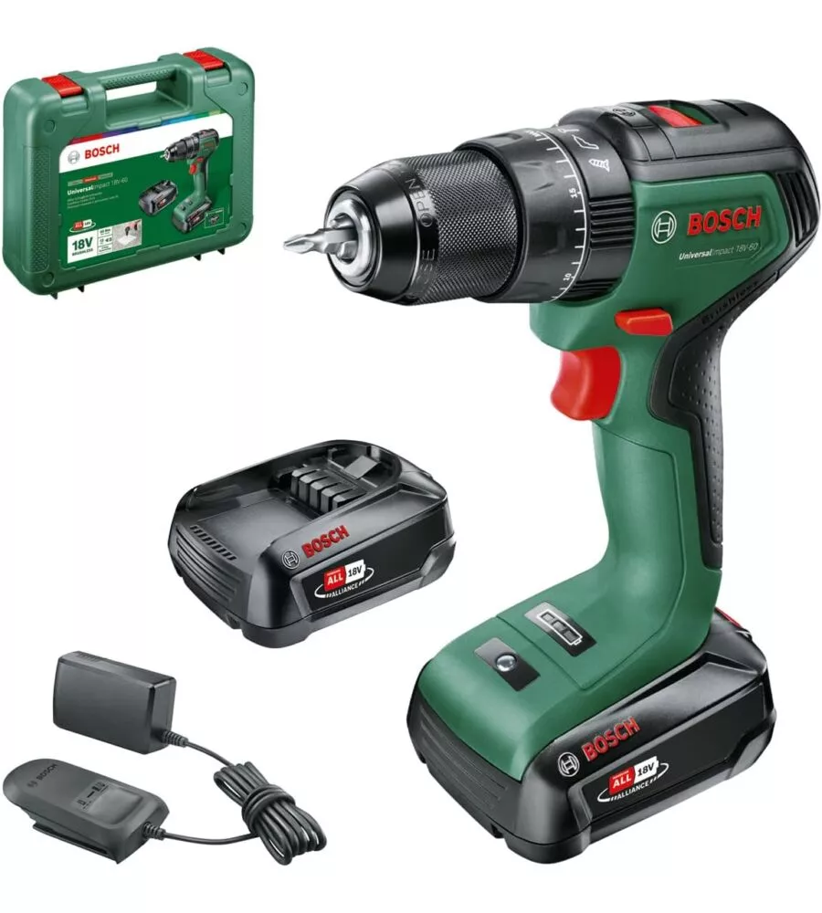 KIT VALIGETTA TRAPANO A PERCUSSIONE A BATTERIA BOSCH "UNIVERSAL IMPACT" CARICABATTERIE E 2 BATTERIE 18V 2AH