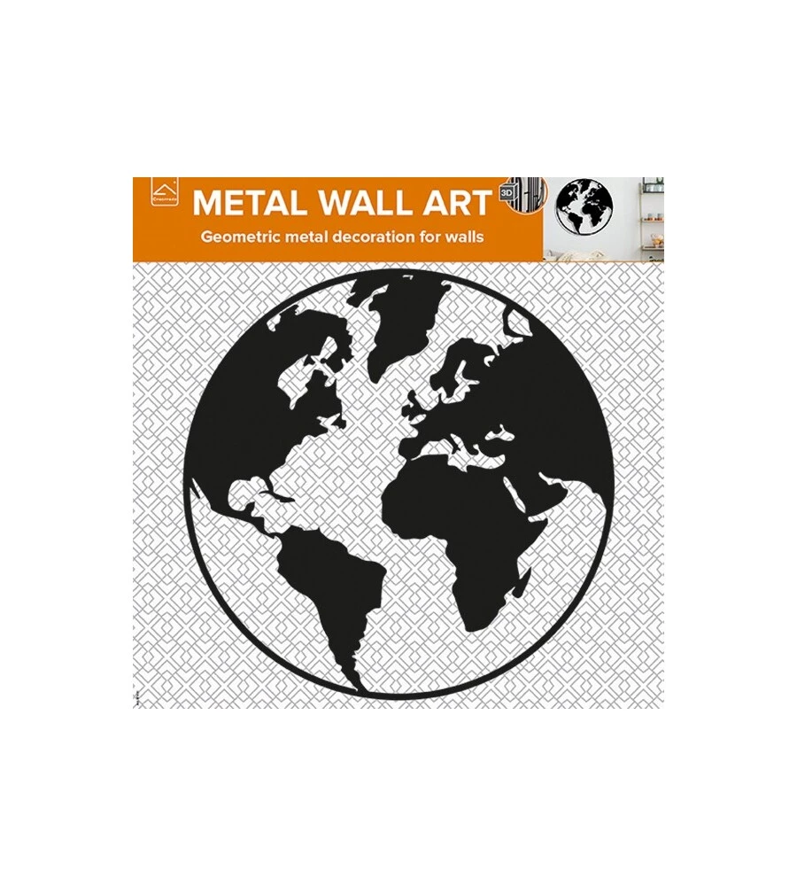DECORAZIONE IN METALLO DA MURO "WORLD MAP",  DIAMETRO 39,5 CM