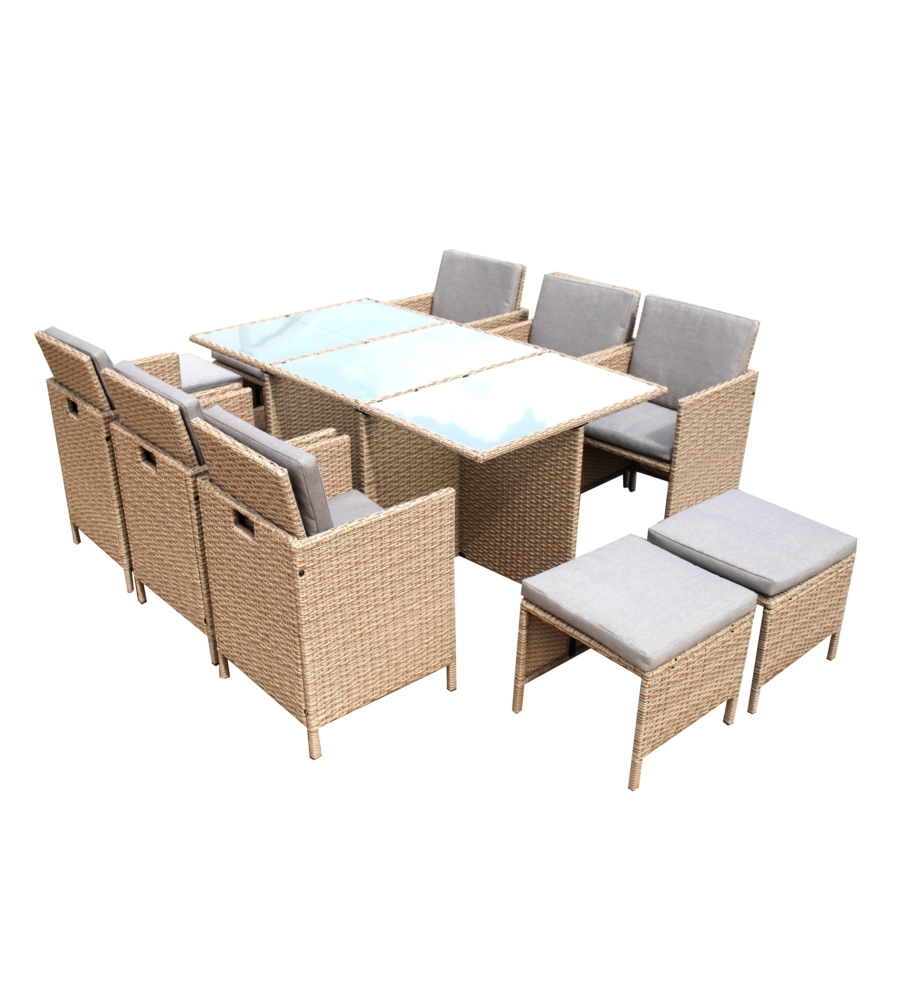 SET DA GIARINO "NEW ATLAS" COLORE MARRONE CON 6 POLTRONE, 4 SGABELLI E TAVOLO CON TOP IN VETRO