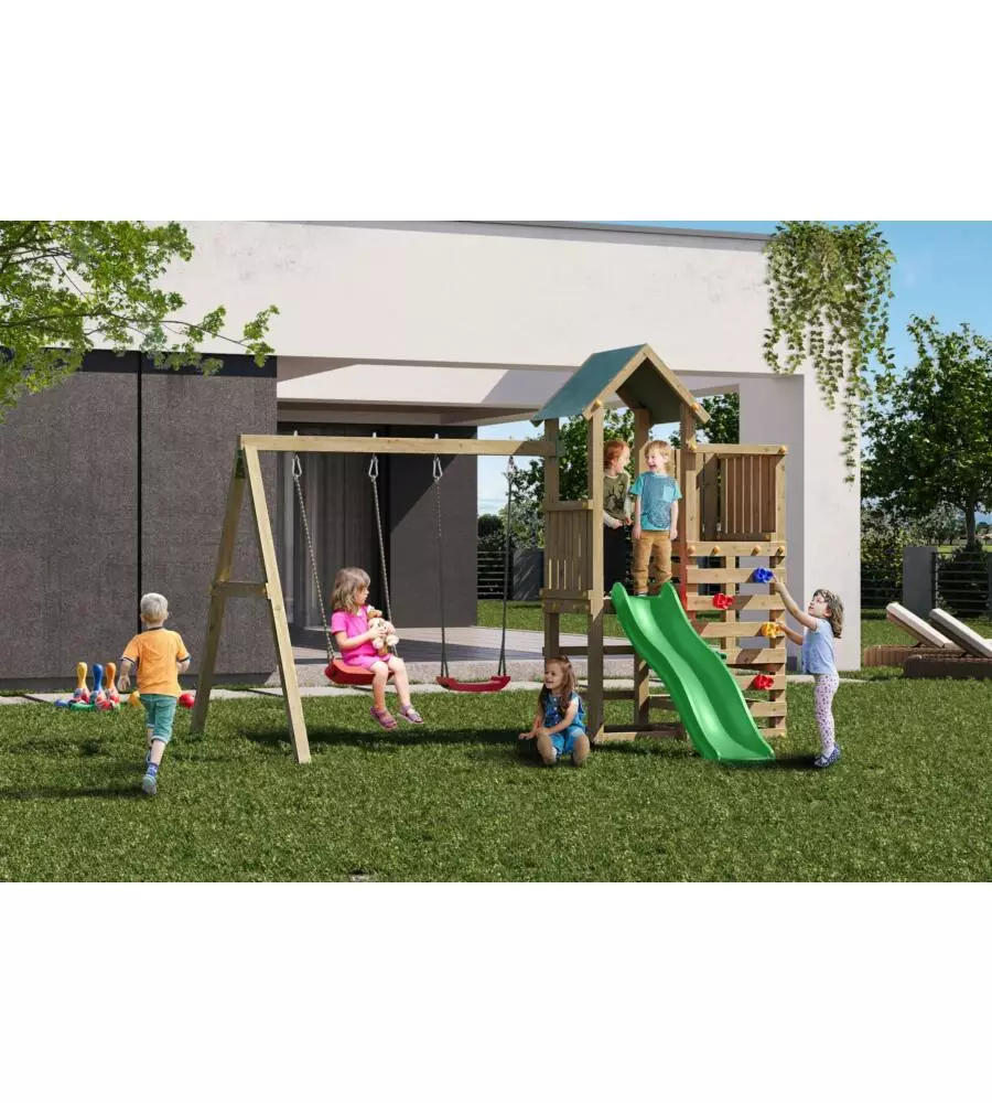 GIOCO PER BAMBINI DA ESTERNO IN LEGNO FUNGOO "CHESTER" CON TORRETTA, SCIVOLO E ALTALENA DOPPIA, 310X336X245 CM