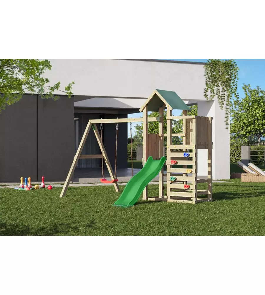 GIOCO PER BAMBINI DA ESTERNO IN LEGNO FUNGOO "CHESTER" CON TORRETTA, SCIVOLO E ALTALENA DOPPIA, 310X336X245 CM