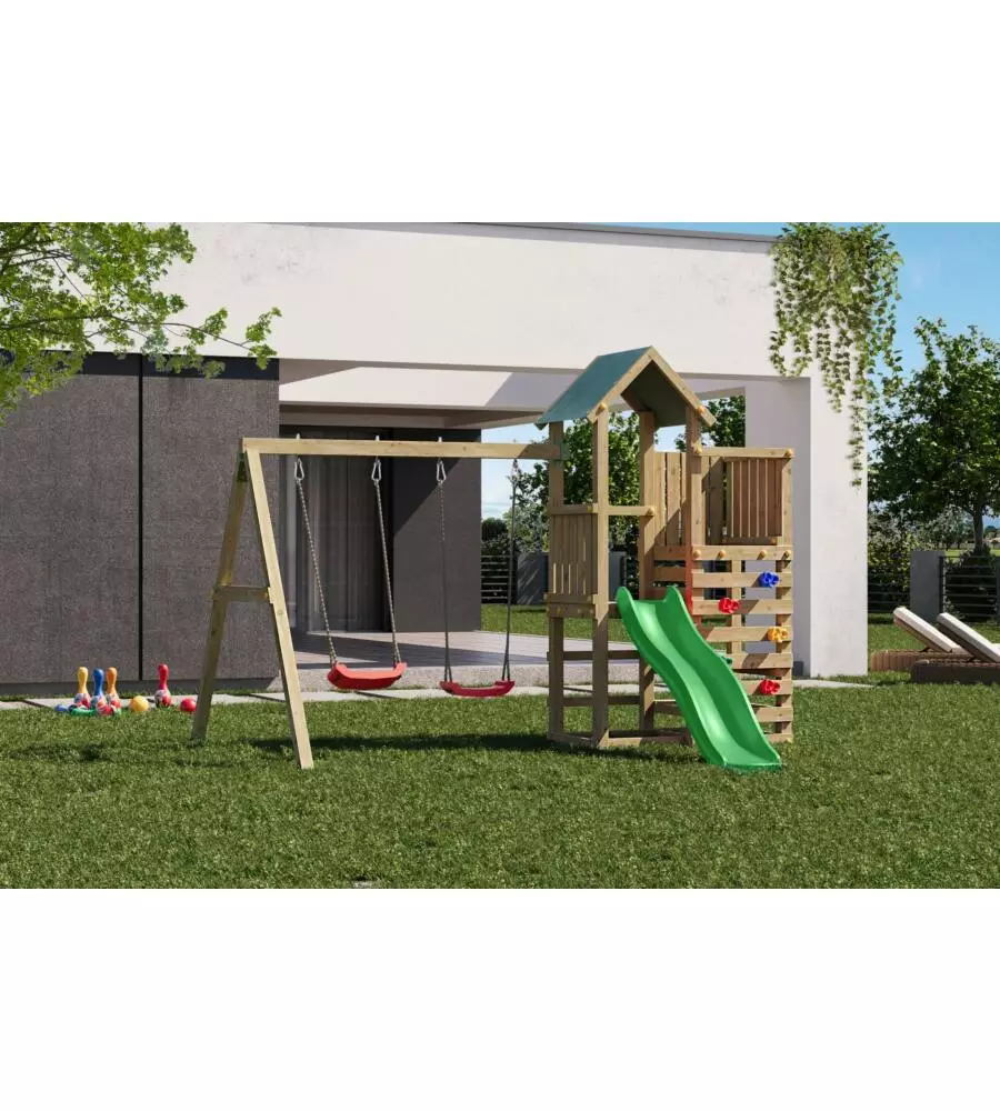 GIOCO PER BAMBINI DA ESTERNO IN LEGNO FUNGOO "CHESTER" CON TORRETTA, SCIVOLO E ALTALENA DOPPIA, 310X336X245 CM