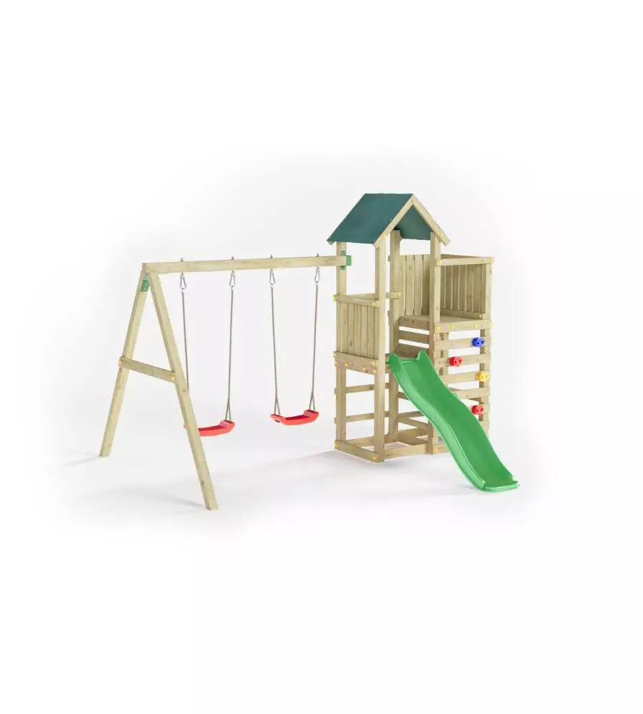 GIOCO PER BAMBINI DA ESTERNO IN LEGNO FUNGOO "CHESTER" CON TORRETTA, SCIVOLO E ALTALENA DOPPIA, 310X336X245 CM