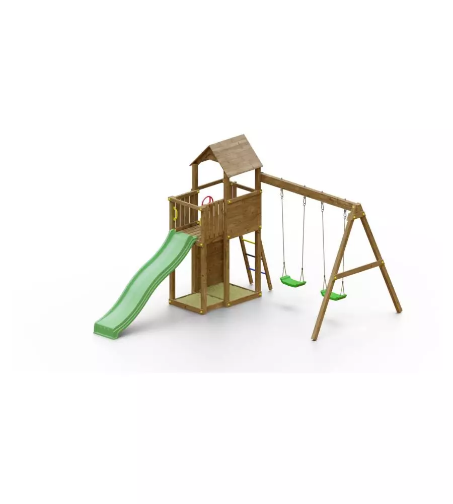 GIOCO PER BAMBINI DA ESTERNO IN LEGNO FUNGOO "BOOMER 3" CON TORRETTA CON SCIVOLO E ALTALENA DOPPIA, 431X302X270 CM